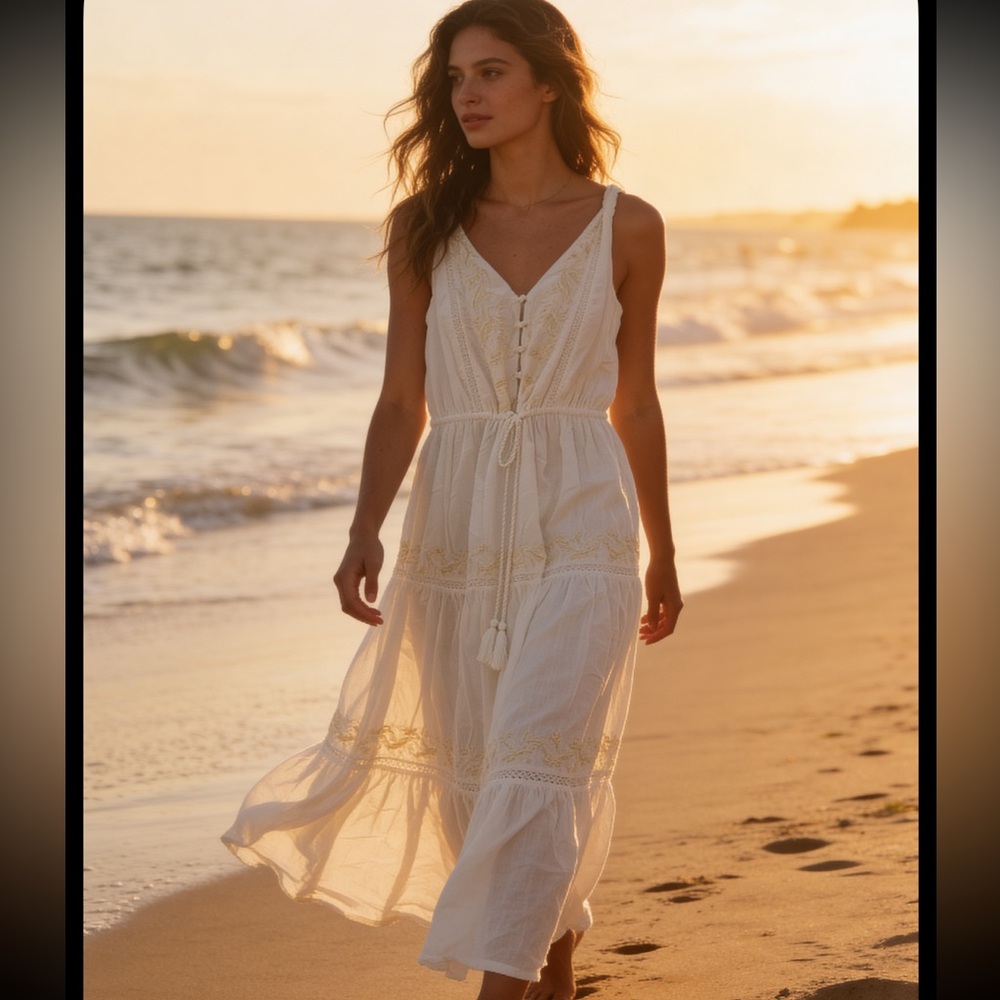 Joie White Cottage Dress Crochet Eyelet Lace Cotton Tiered Midi w Tassel Tie